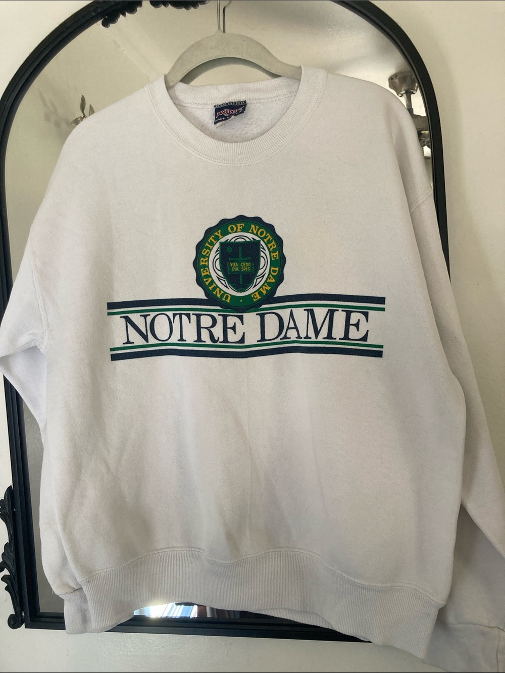 Jansport White Notre Dame Crewneck Sweatshirt with Green & Navy Logo